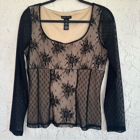 NY & COMPANY Blouse Top Women Medium Babydoll Y2K Sheer Lace Whimsigoth Vintage - Picture 1 of 5
